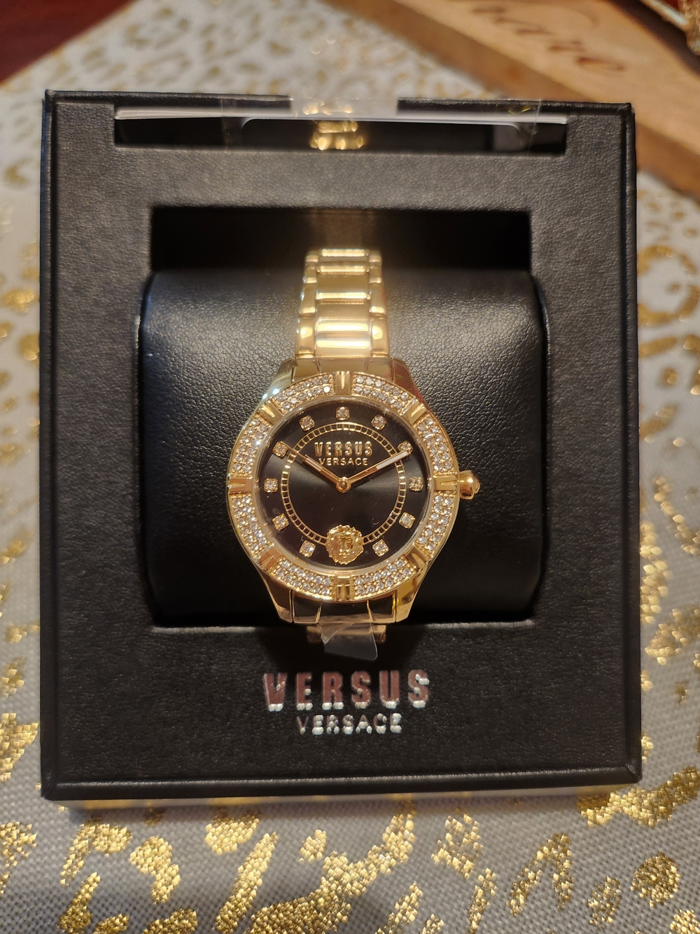 Versus Versace Gold and Black Women's Bracelet Watch with Crystal Bezel